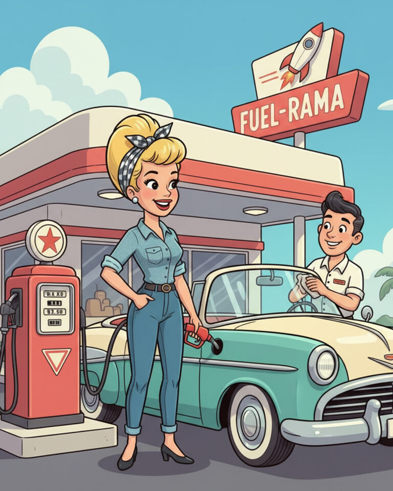 “A Quart Low on Route 66: The Blonde, the Dipstick, and the Very Patient Attendant”