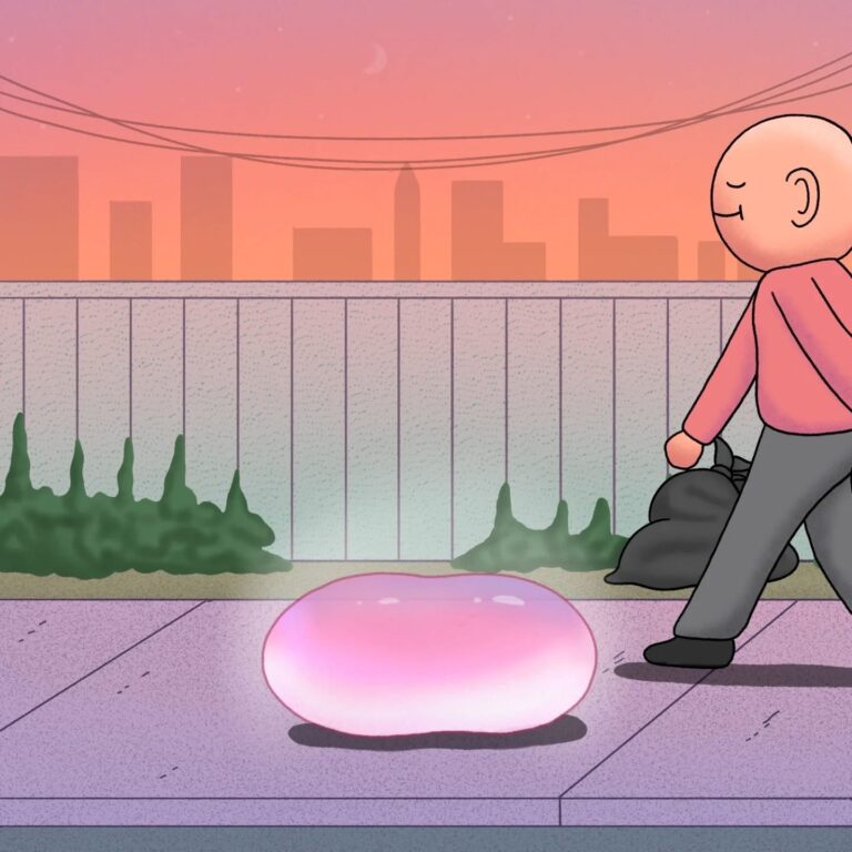 The Sci-Fi Twist: The “blob” is actually a temporal rift—one touch, and he’s seeing the city 100 years in the future.